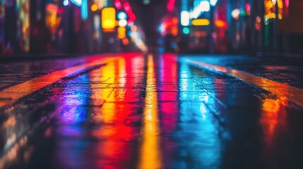 Fototapeta premium Vibrant Urban Night Scene with Colorful Reflections