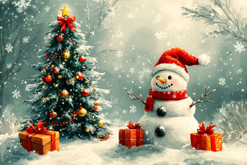 Obraz premium Festive New Year and Christmas Greeting Card Featuring a Snowman and Presents Against a Winter Wonderland Backdrop