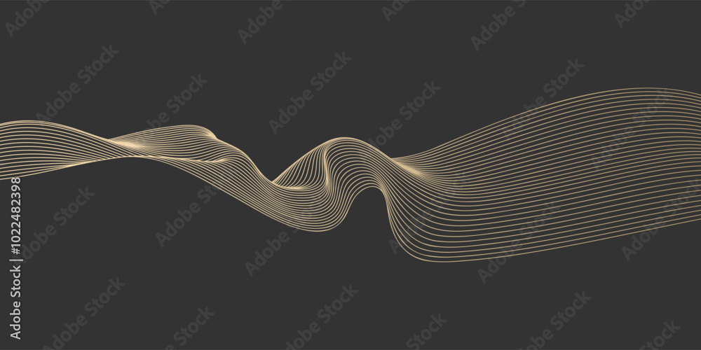 Poster abstract vector wavy lines flowing smooth curve gold gradient color on black background in concept o