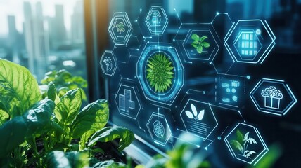 Smart eco city and sustainable concept. Urban farm in a smart city with automated systems powered by renewable energy close up on technology in agriculture food sustainability