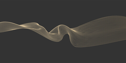 Abstract vector wavy lines flowing smooth curve gold gradient color on black background in concept of luxury, technology, science, music, modern.