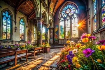 Obraz premium Urban Exploration: Vibrant Flowers in an Abandoned Church