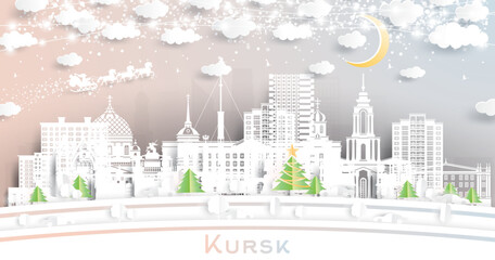 Fototapeta premium Kursk Russia. Winter city skyline in paper cut style with snowflakes, moon and neon garland. Christmas and new year concept. Santa Claus on sleigh. Kursk cityscape with landmarks.