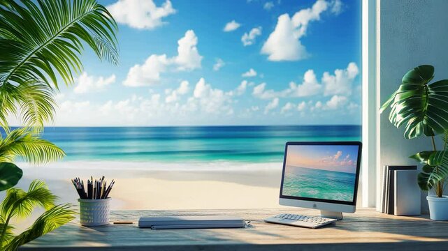 A desk with a computer sits near a window with a view of a tropical beach