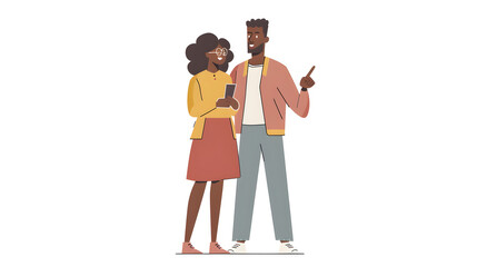 Two people interacting with an Instagram profile on their phone, a flat vector illustration style, on a white background