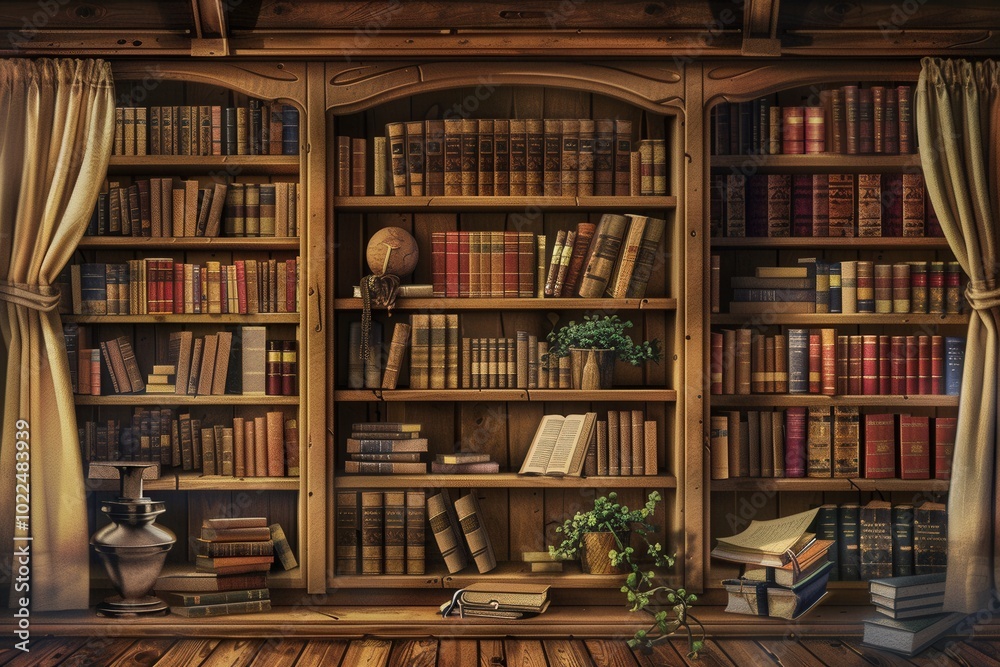 Aufkleber the warm wooden shelves are packed with textbooks and academic literature, creating an inviting atmo