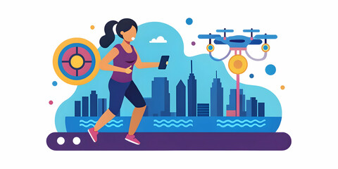 Candid Image of Woman Running in Singapore's Marina Bay Area with Fitness Drone Capturing Stats - Futuristic Tech in Exercise