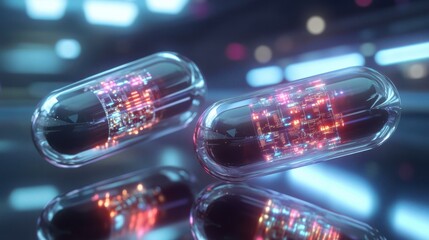 Two transparent capsules with holographic circuits inside, floating in the air. Futuristic medicine, biotech innovations, advanced pharmaceuticals, nano-technology, future of healthcare, digital 