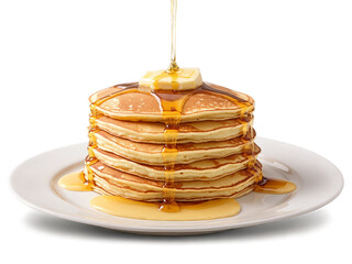 Pancakes Stack of fluffy pancakes dripping with melted butter and syrup isolated on warm golden