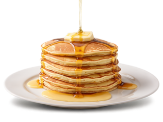 Pancakes Stack of fluffy pancakes dripping with melted butter and syrup isolated on warm golden