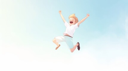 Fototapeta premium Joyful little blonde boy in a white t-shirt and blue pants, smiling and jumping with happiness against a light sky background.