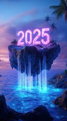 A giant "2025" carved into a floating island, suspended above a serene ocean, with glowing waterfalls cascading from the island into the water below. Happy New Year concept, resolution
