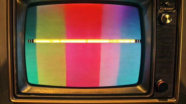 A vintage television shows a colorful test pattern on the screen
