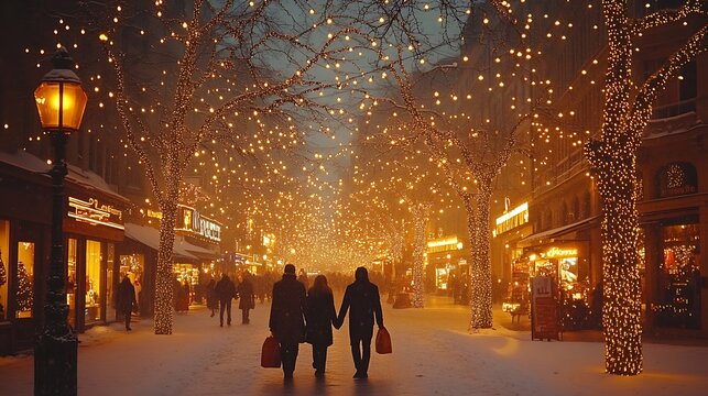 A magical Christmas evening at Bahnhofstrasse, Zurich, the street adorned with grand holiday light displays, trees wrapped in twinkling lights, snow gently falling. Shoppers carrying festive bags,