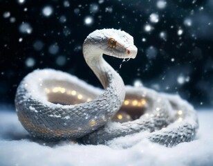 Fototapeta premium Cute green snake, symbol of 2025 according to the eastern calendar. The snake symbolizes wisdom, vitality, immortality and healing powers. New Year's card