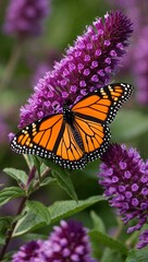 Obraz premium Bright orange monarch butterfly on purple flowers background for invitation or card screensaver