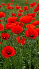 Obraz premium Bright red poppies in a field of green background for invitation or card screensaver