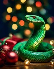 Fototapeta premium Cute green snake, symbol of 2025 according to the eastern calendar. The snake symbolizes wisdom, vitality, immortality, and healing powers. New Year card