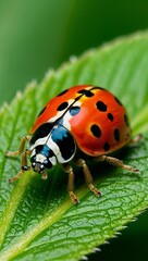 Fototapeta premium Close up of a ladybug on a green leaf background for invitation or card screensaver