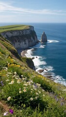 Coastal cliffside with wildflowers and blue sea background for invitation or card screensaver