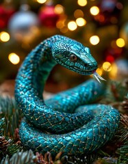 Fototapeta premium Cute green snake, symbol of 2025 according to the eastern calendar. The snake symbolizes wisdom, vitality, immortality, and healing powers. New Year card