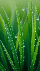Fototapeta premium Dew drops on green grass blades background for invitation or card screensaver