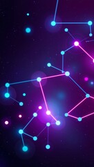 Digital abstract nodes and data points in neon space background for invitation or card screensaver