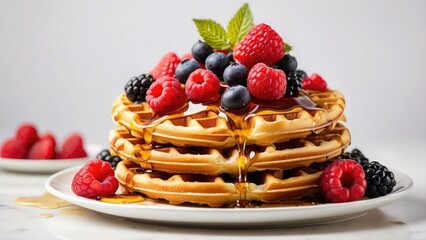 A stack of golden waffles topped with fresh berries and syrup, served on a white plate, isolated on white background.-