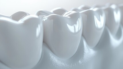 Healthy Teeth Closeup: Gleaming white teeth in a perfect row showcase oral hygiene, health, and beauty. The macro view emphasizes the smooth, enamel-coated surfaces of the teeth.