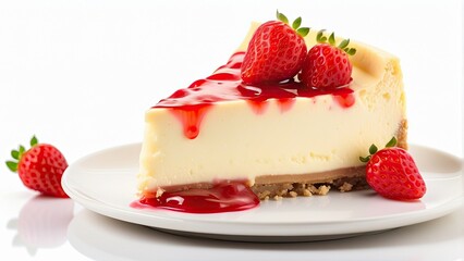  A slice of creamy cheesecake with a strawberry topping, delicate texture and vibrant color, isolated on white background.-