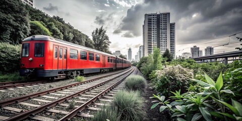 Obraz premium Vibrant Red Train in Lush Landscape Merging Nature and Technology in Urban Setting