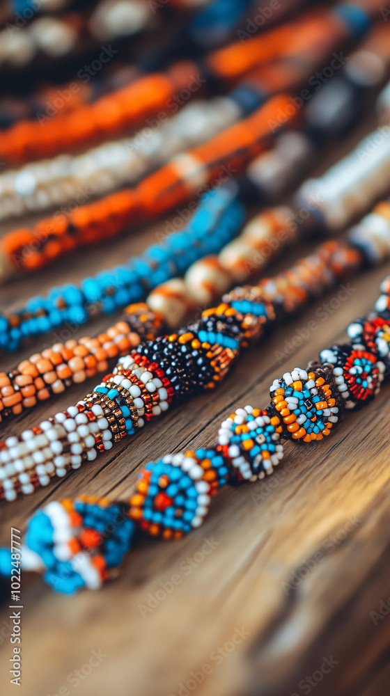 Wall mural close up of colorful beaded bracelets on wooden surface