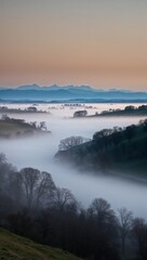 Fototapeta premium Misty valley with trees and distant mountains background for invitation or card screensaver