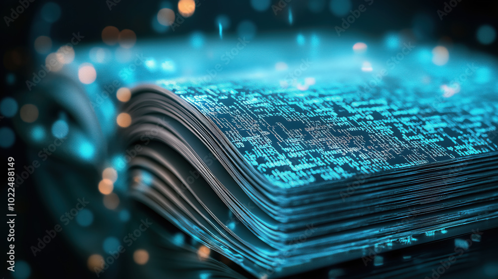 Poster digital book with glowing data patterns and abstract lights