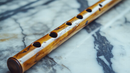 Naklejka premium wooden flute closeup on marble surface