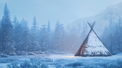 winter cabin in a snowy forest landscape