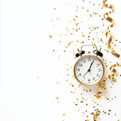A vintage gold clock strikes midnight, beautifully showcasing "2025" as the centerpiece. Surrounding it are festive decorations, symbolizing celebration, joy, and new beginnings for the New Year.