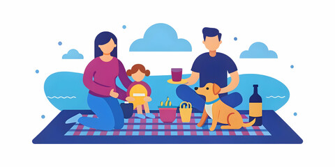 Candid Family Picnicking with Dog at Lakeside: A Joyful Moment of Togetherness and Leisure Activities in Photo Stock Concept