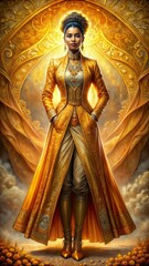 Obraz premium Regal woman in ornate golden attire standing majestically with glowing backgroun