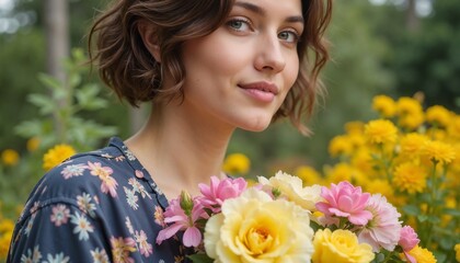 Naklejka premium Beautiful young woman with short hair holding a bouquet of colorful flowers in a vibrant garden