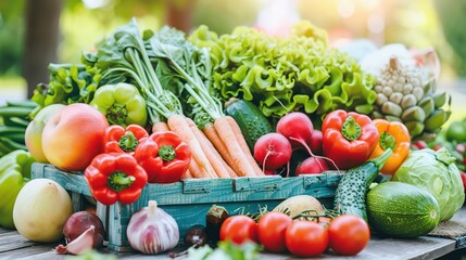 Close-up of vibrant fresh vegetables and fruits on wooden table, symbolizing healthy blood pressure foods, emphasizing natural nutrition and wellness.