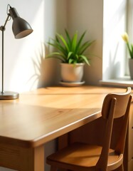 modern living room interior design with wooden chair and table with warm sunlight coming from window.