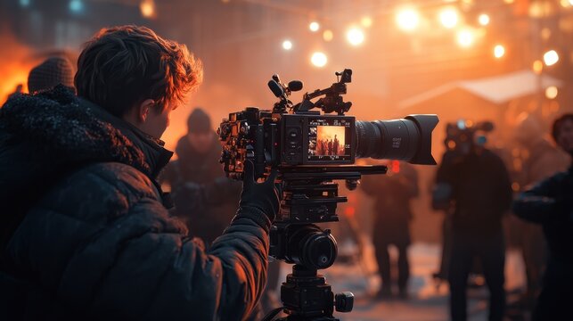 A professional film director surrounded by crew, working dynamically on set with cameras and equipment.