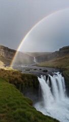 Rainbow stretching across a misty waterfall background for invitation or card screensaver
