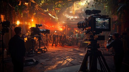 A vibrant movie set buzzing with activity as actors and crew prepare collaboratively for an upcoming scene.