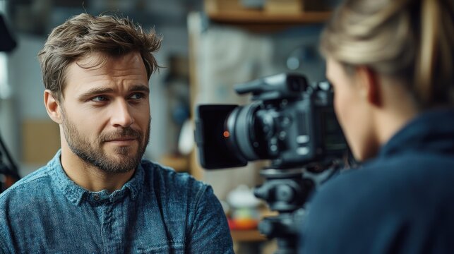 A creative filmmaker collaborating closely with a cinematographer, discussing shot details and artistic vision on a vibrant movie set.