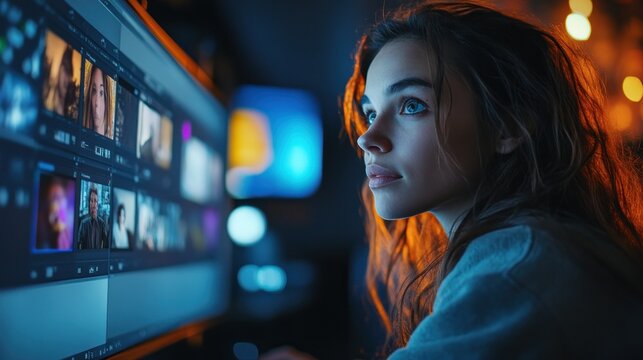 A thoughtful filmmaker engaged in reviewing footage on a monitor, focusing on the details of each scene for quality filmmaking.