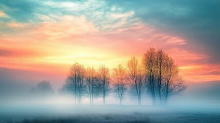Fototapeta premium Serene Sunrise Over Misty Landscape and Silhouetted Trees