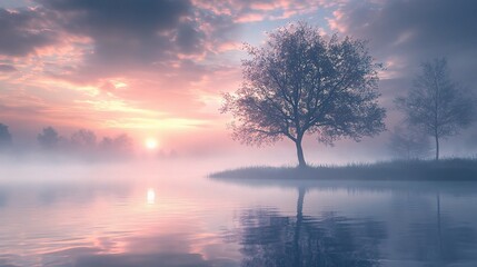 Fototapeta premium Serene Sunrise Over Misty Lake with Trees
