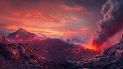 Fototapeta premium A Spectacular Display of Nature's Power with Erupting Lava and Smoke in Vibrant Volcanic Landscape